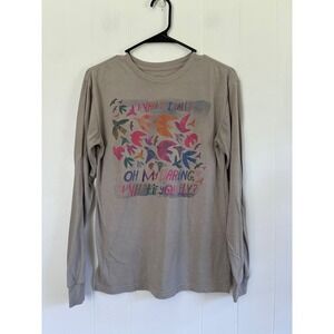 Natural Life Bird Graphic Long Sleeve Tee Taupe Grey Crewneck Top